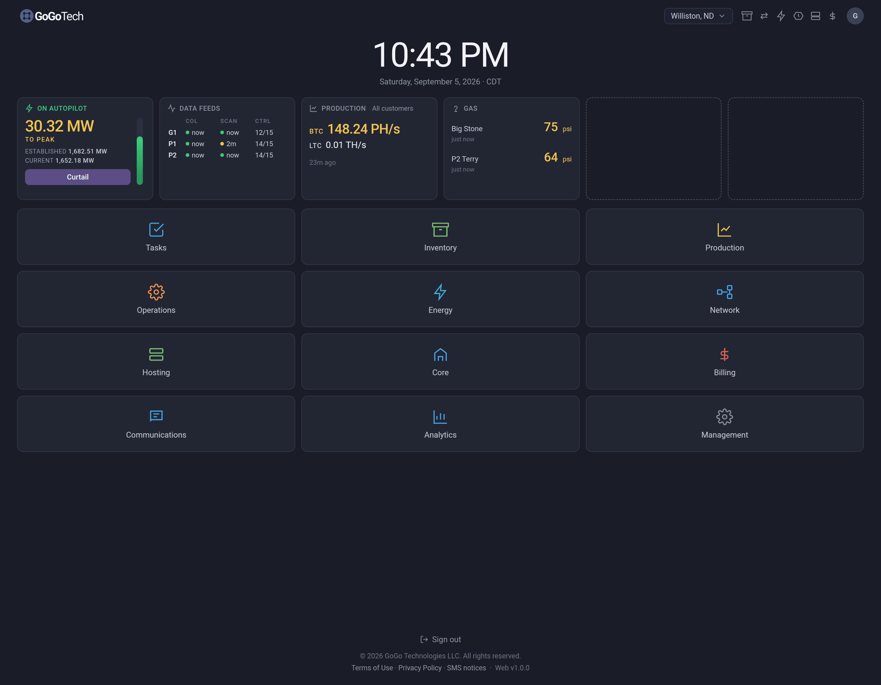 Modules home in the GoGo Tech operations suite, with current power demand, data feeds, and production widgets and tiles for Inventory, Energy, Network, Hosting, and Billing.