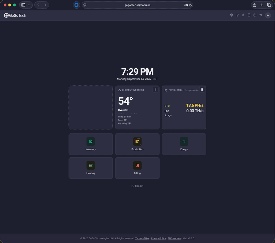 Your Home in the GoGo Tech operations suite, with Current Weather, Production, and tiles for Inventory, Production, Energy, Hosting, and Billing.
