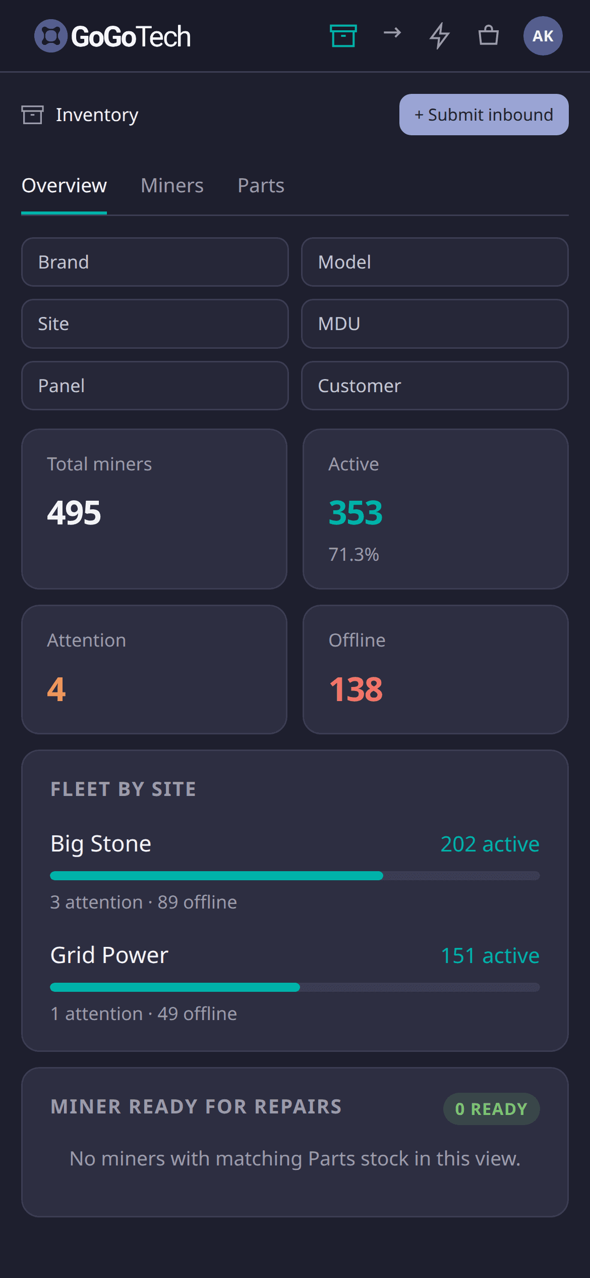 Mobile inventory view in the GoGo Tech operations suite.